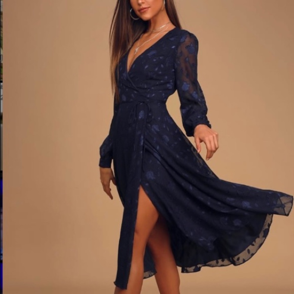 Lulus Evening of Elegance Navy Blue Floral Jacquard Wrap Midi Dress